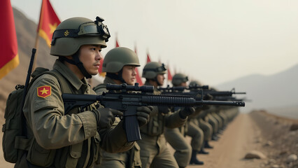 squad of equipped asian appearance soldiers, generative ai