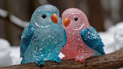 Obraz premium Two colorful glass birds perched on a branch in a snowy forest.