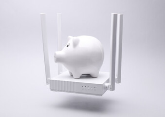 Modern white four-antenna Wi-Fi router with piggy bank floating on gray background.