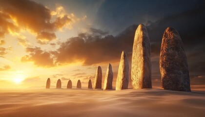 A serene landscape featuring tall stone formations at sunset, casting elongated shadows across sandy terrain, evoking mystery and ancient history.