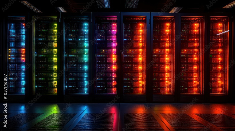 Aufkleber a row of illuminated server racks in a data center, showcasing vibrant lights and technology.