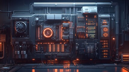 Obraz premium A futuristic control panel with glowing components and intricate circuitry.