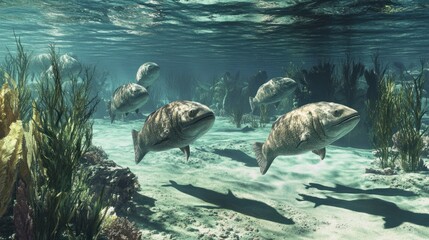 A school of primitive jawless fish swimming in the shallow waters of a prehistoric lagoon.