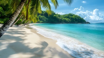 87. A tranquil beach with palm trees, soft sand, and gentle waves lapping at the shore