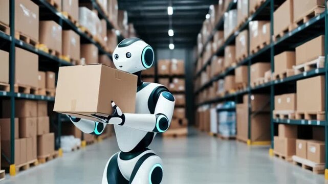 robot carrying a cardboard box in a warehouse for delivering ecommerce orders setting with shelves in the background created with generative ai	