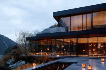An elegant glass-encased house with reflection on water, surrounded by Halloween pumpkins and softly lit trees against a serene mountainous backdrop.