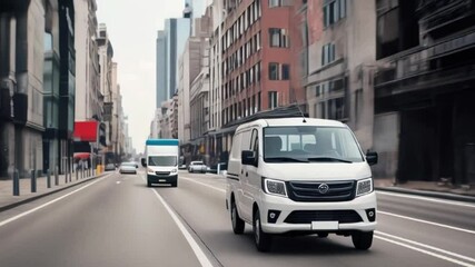 Empty blank white mockup on the small truck vehicle driving through the city street, template for advertisement , delivery truck van for ecommerce products created with generative ai	
