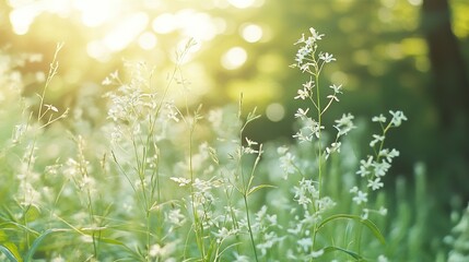 Wild grass in the forest during sunlight. Macro image, shallow depth of field of white flowers. Abstract summer nature background. Nature close up beautiful summer meadow 