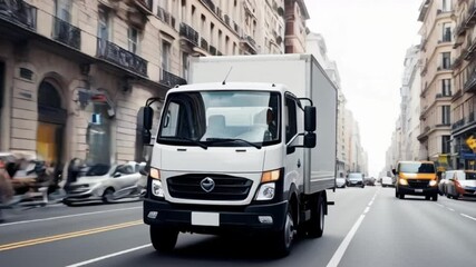 Empty blank white mockup on the small truck vehicle driving through the city street, template for advertisement , delivery truck van for ecommerce products created with generative ai	