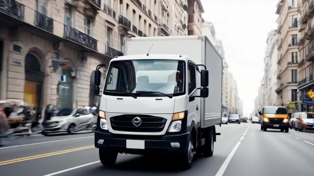 Empty blank white mockup on the small truck vehicle driving through the city street, template for advertisement , delivery truck van for ecommerce products created with generative ai	