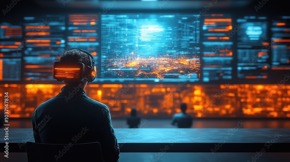 Poster a person wearing a vr headset in front of a futuristic data display.
