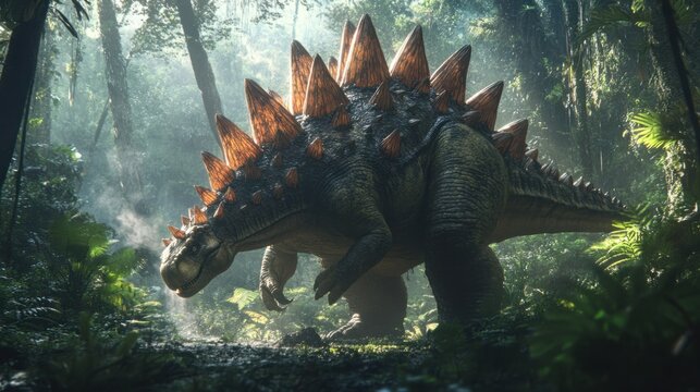 A Stegosaurus lashing out with its spiked tail, keeping a predator at a distance in a dense forest.