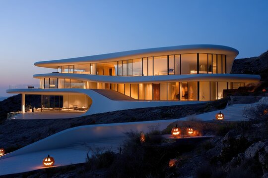 A futuristic house features a winding path lined with glowing jack-o'-lanterns, set against a dramatic evening sky, exuding an elegant and sophisticated ambiance.