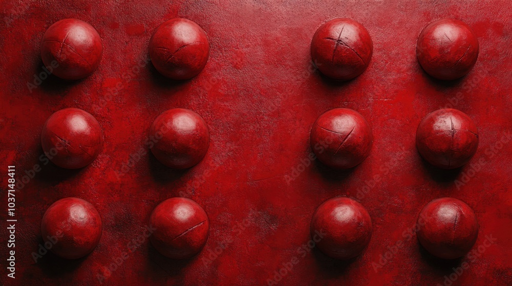 Poster multiple red spheres arranged on a textured red background, creating an elegant pattern and a sense 