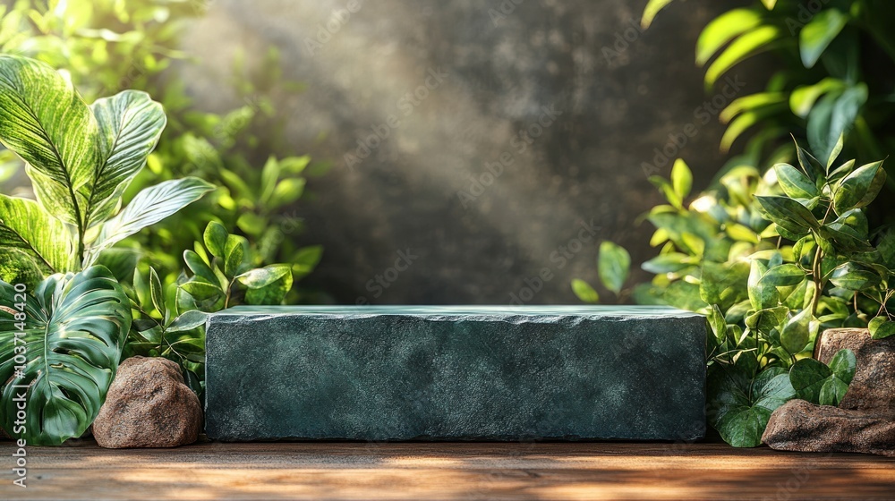 Poster a serene display with greenery and a textured block, ideal for product showcasing.