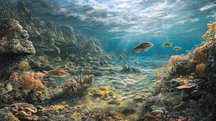 Fototapeta premium A vibrant scene of prehistoric coral reefs filled with early marine life forms and primitive fish.