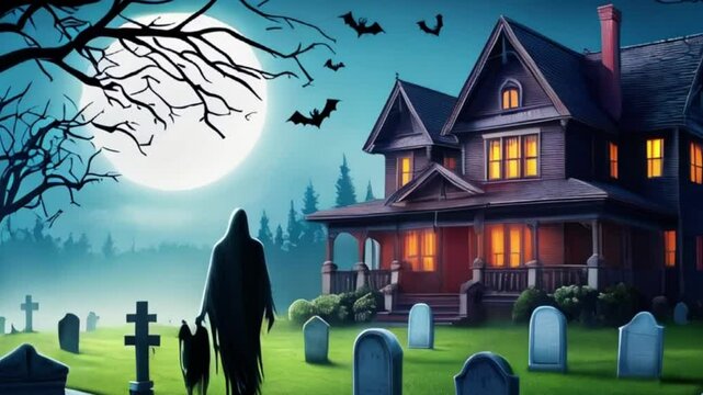 Halloween night walk with cemetery in haunted house isolated jack-o'-lantern pumpkin created with generative ai.	