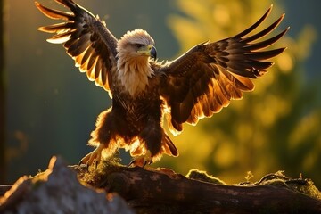 A baby eagle showcases its impressive wingspan perched confidently on a log as the warm light of sunset filters through the trees behind it