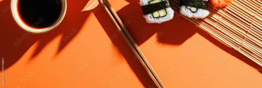 Aufkleber sushi rolls filled with cucumber are elegantly placed alongside a bowl of soy sauce and chopsticks o