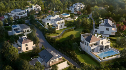 Fototapeta premium Real Estate - Aerial view of modern houses in a landscaped community with greenery and swimming pools.