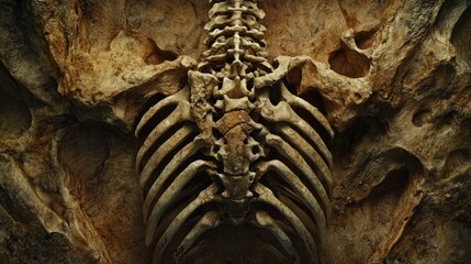 Naklejka premium A view of a T. rex's ribcage and thorax, illustrating its protective bone structure.