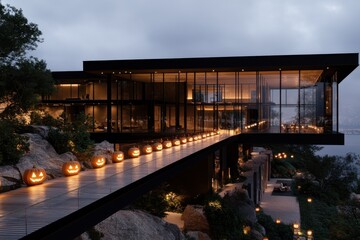 Obraz premium A sleek and modern residence built into a cliff, featuring an illuminated walkway lined with pumpkins, providing a magical and cozy atmosphere under the night sky.
