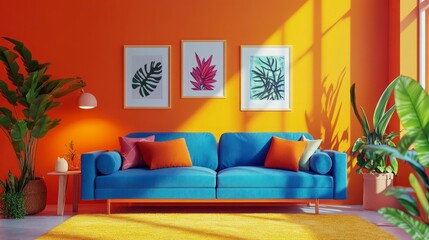 A cheerful living room with a striking blue sofa, vibrant orange pillows, tropical plant prints, and sunny ambiance for a lively atmosphere.