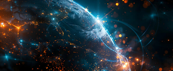 Obraz premium Abstract digital network with blue and orange light effects on a dark background, the planet Earth, a global communication concept