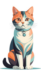artwork of graphic design, flat design of one retro, cute cat  isolated white background 