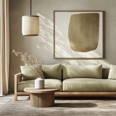 This living room features a green sofa, abstract art, and wooden elements embodying elegance and a minimalist aesthetic.