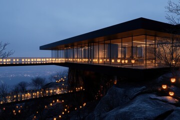 A stunning cantilevered house on a rocky outcrop, adorned with glowing pumpkins, showcasing innovative design in a mesmerizing high-altitude setting at dusk.