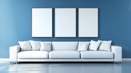 Modern living space with a sleek white sofa against a blue wall, highlighted by three blank canvases for artistic expression.