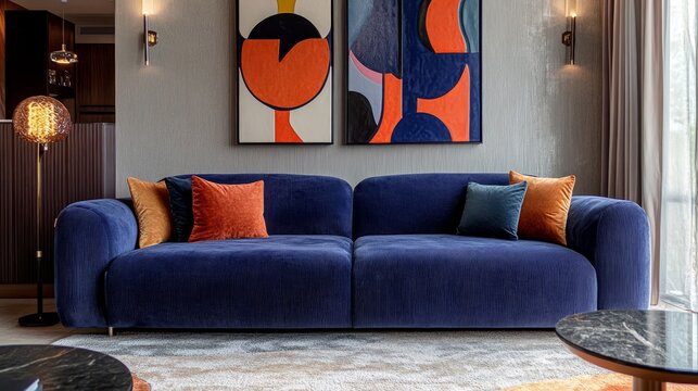 A stylish living room with a bold blue velvet sofa and vibrant abstract paintings accentuating modern interior design. - Powered by Adobe