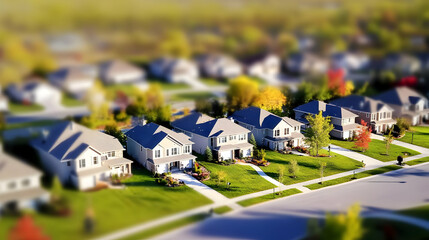 Real Estate - Aerial view of a suburban neighborhood with houses and green lawns.