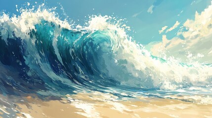 Obraz premium Artistic rendering of powerful sea waves crashing onto a sandy shore, showcasing the beauty and energy of the ocean.