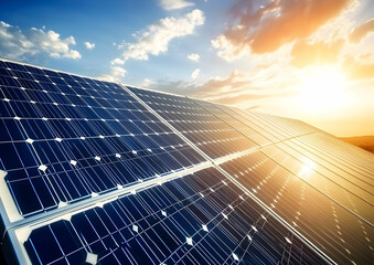 Real Estate - Solar panels reflecting sunlight against a vibrant sky during sunset.