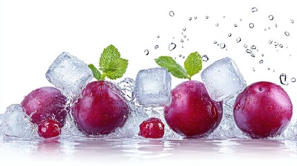 Fresh plums and ice cubes collide in refreshing burst of water droplets, creating vibrant and appetizing scene. combination of fruit and ice evokes sense of coolness and vitality. 