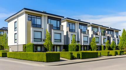 Fototapeta premium Real Estate - Modern residential buildings with landscaped greenery and clear blue skies.