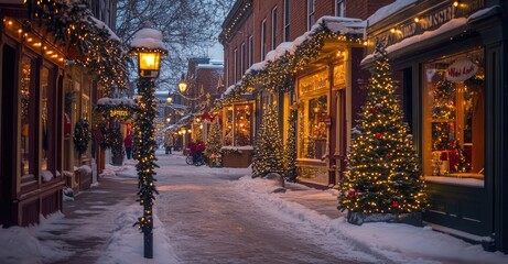 Fototapeta premium Charming Winter Street Scene with Festive Decorations. AI generated illustration.