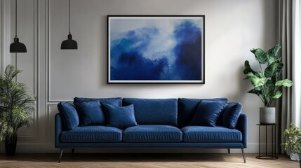 A serene and stylish living room, showcasing a deep blue sofa, abstract art, and lush potted plants, promoting tranquility.