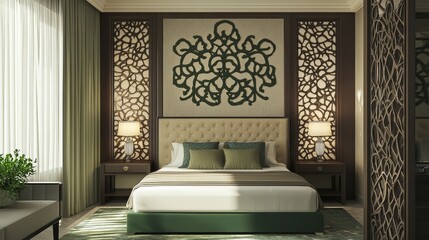 A luxurious bedroom with intricate wall art, green accents, tufted headboard, and plush bedding for relaxation.