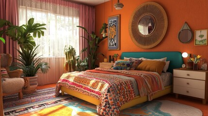 A cozy bedroom showcases vibrant bohemian style with colorful textiles, eclectic decor, and lush indoor plants.