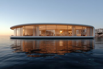 An elegant, circular floating villa with expansive glass windows offers a luxurious living experience with magnificent sea views, capturing the essence of modern elegance.