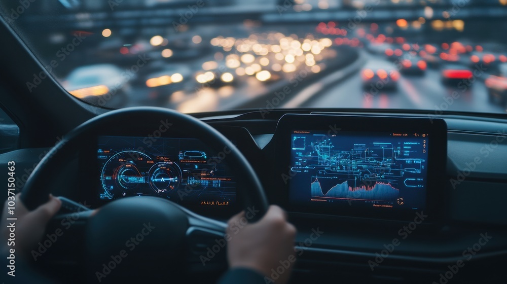 Poster autonomous vehicle dashboard showing digital telemetry data as it smoothly navigates a busy road, hi