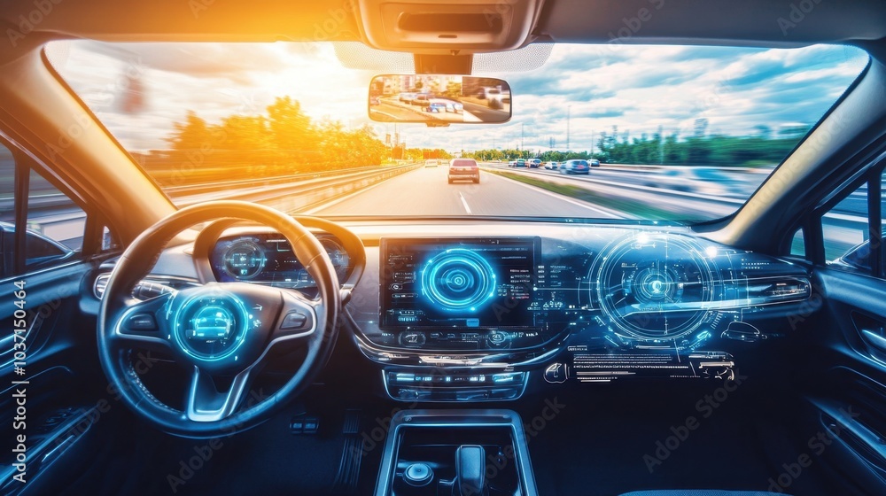 Poster autonomous vehicle dashboard showing digital telemetry data as it smoothly navigates a busy road, hi