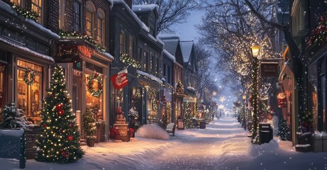 Fototapeta premium Charming Winter Street Scene with Festive Decorations. AI generated illustration.