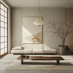 A minimalist room with low seating, a tranquil ambiance, embodying simplicity and relaxation in natural lighting.