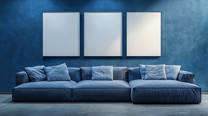 A minimalist living room with a modern aesthetic, featuring deep blue hues and contemporary design elements on display.