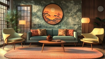 A vibrant retro-inspired living room features artistic decor and vintage-style furnishings, creating an inviting and lively atmosphere.