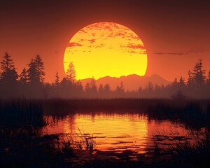 A breathtaking sunset casts vibrant orange hues over the tranquil waters, surrounded by silhouetted trees and distant mountains, creating a serene atmosphere.